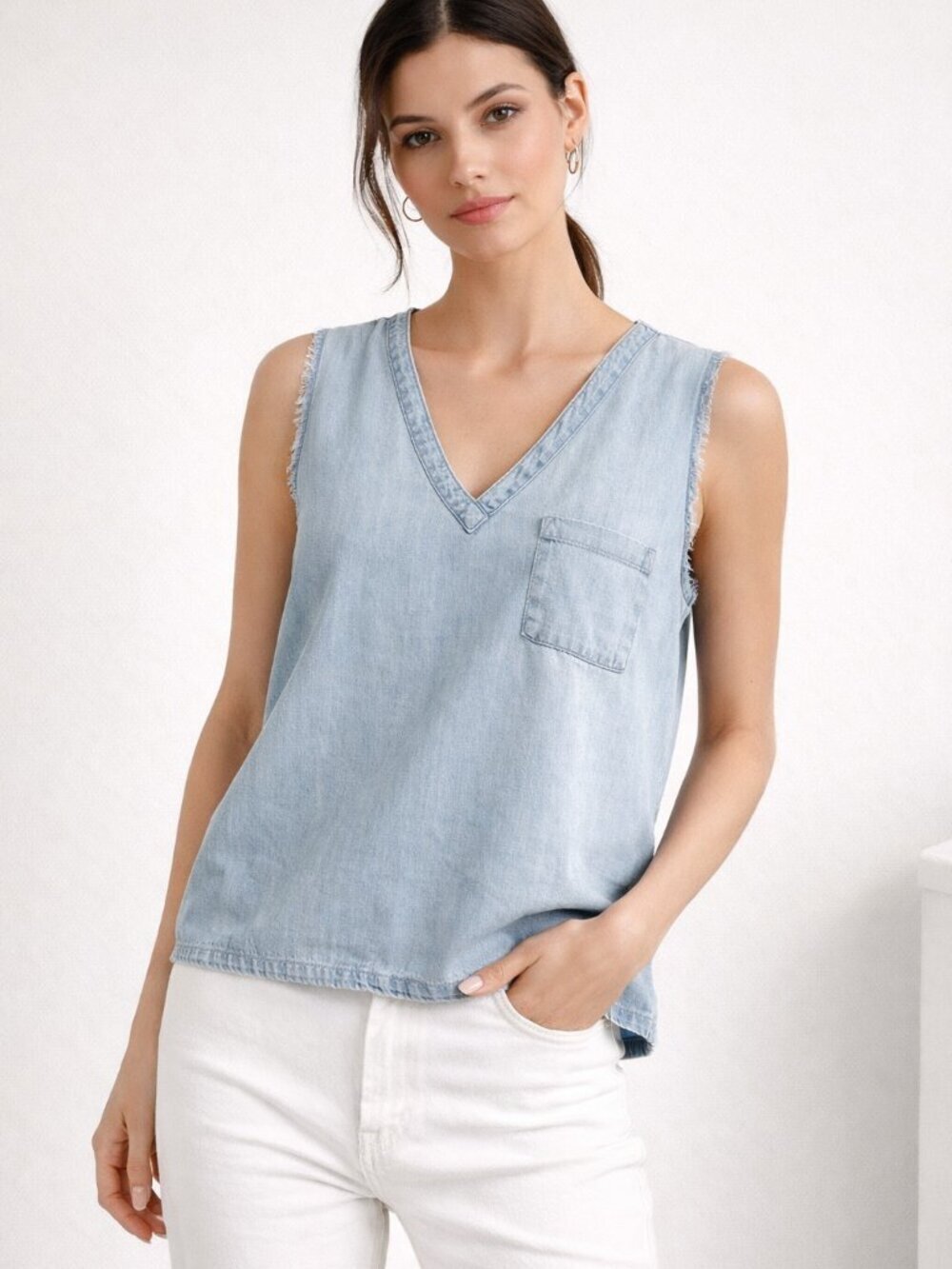 The Kooples Denim Sleeveless Top V Neck Raw Hem Relaxed Fit Size M